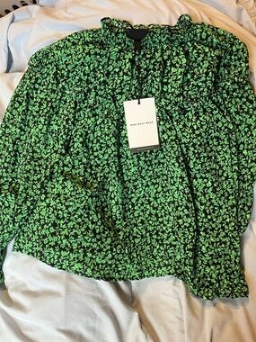 Who What Wear Black Blouse with Bright Green Floral Print
